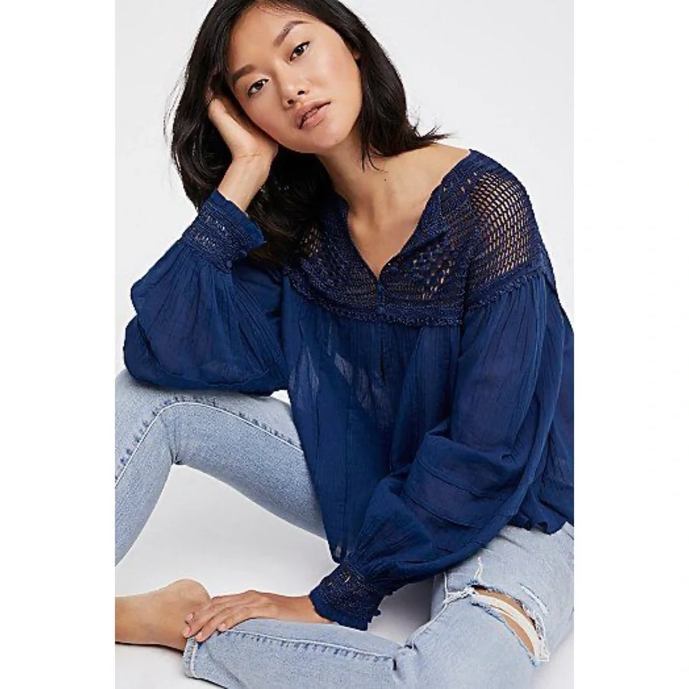 Free People M Navy Blue Gauze Crochet Lace Bib‎ Early Frost Top Blouse Boho